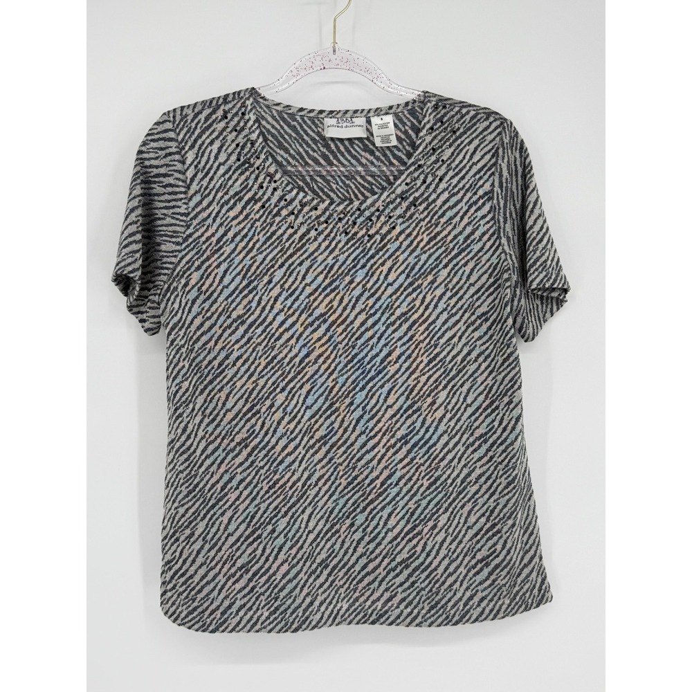 Alfred Dunner Women's Size S Knit Top Short Sleeve V-Neck Abstract Print